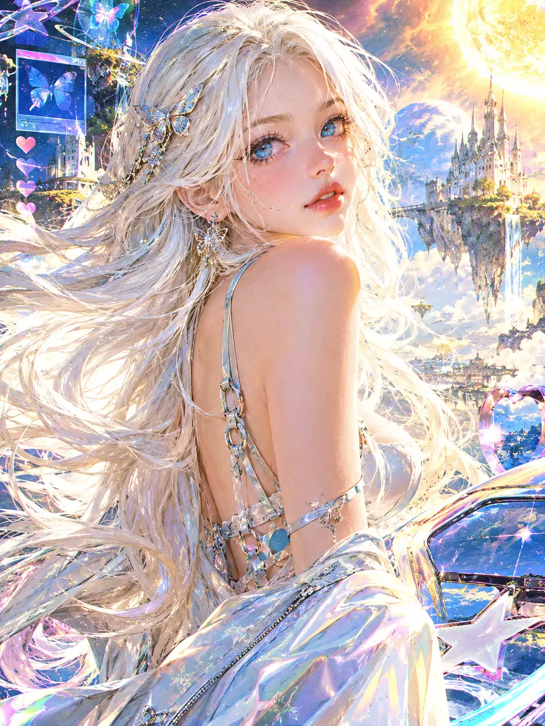 Ethereal woman with white hair in a luminous dreamscape