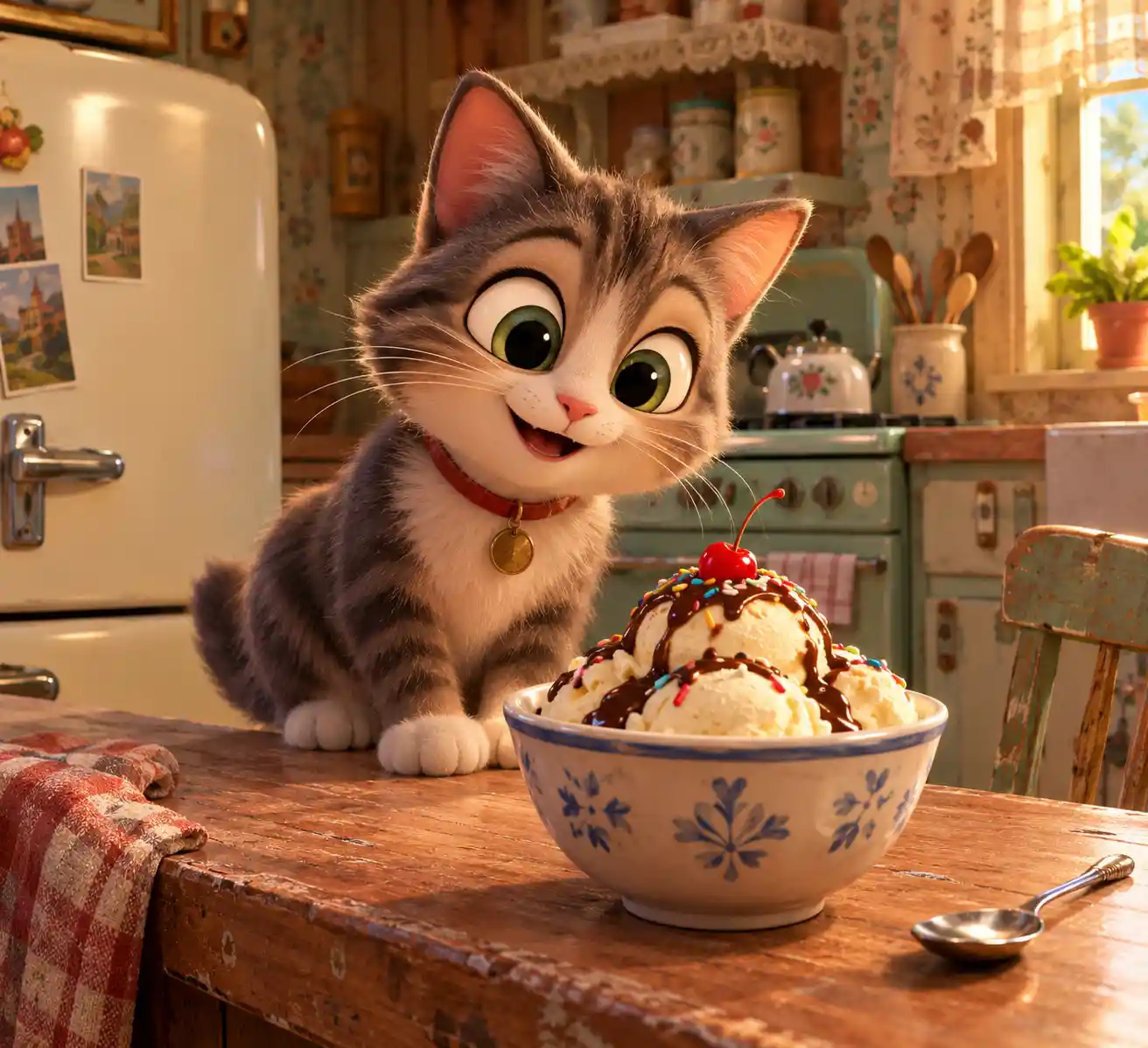 Cartoon 3D cat eyeing ice cream in vintage kitchen