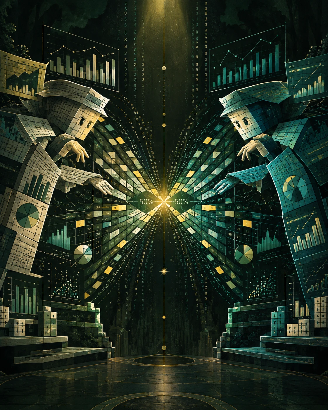 Surreal strategy game card with converging data visuals