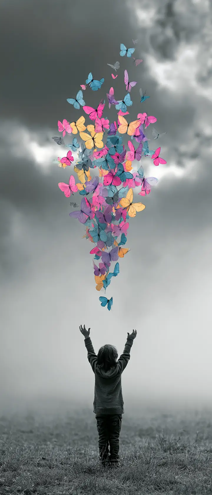 Girl reaching toward pastel butterflies in misty meadow