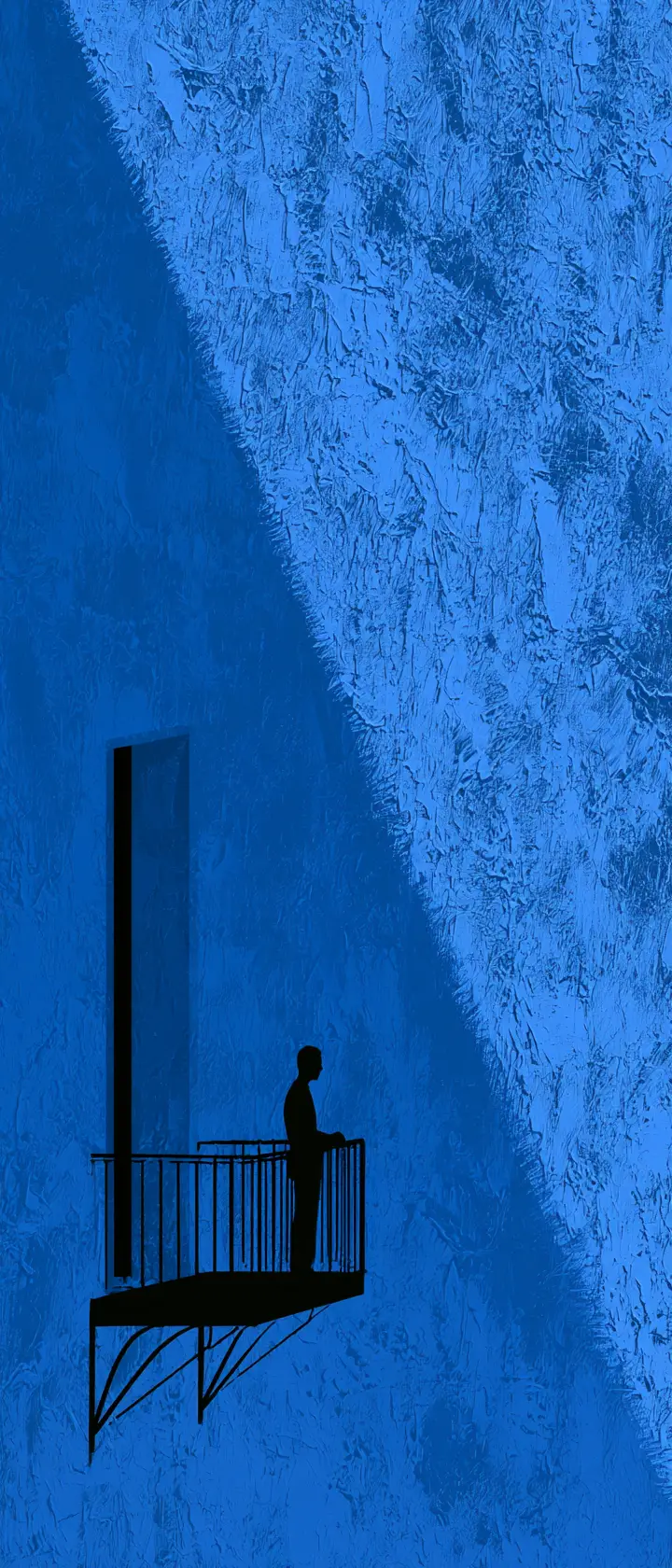 Tiny figure on balcony against vast blue textured wall