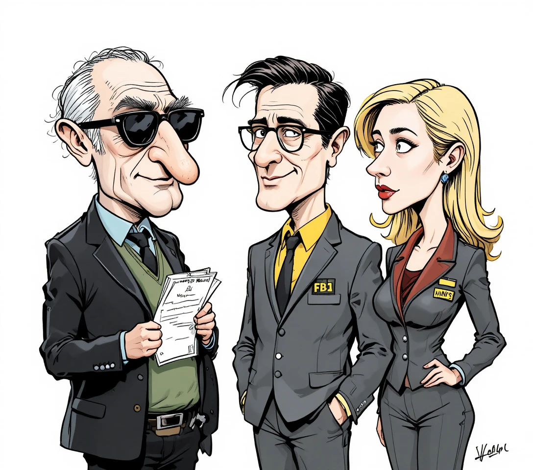 Satirical office cartoon of an elderly man with two FBI agents