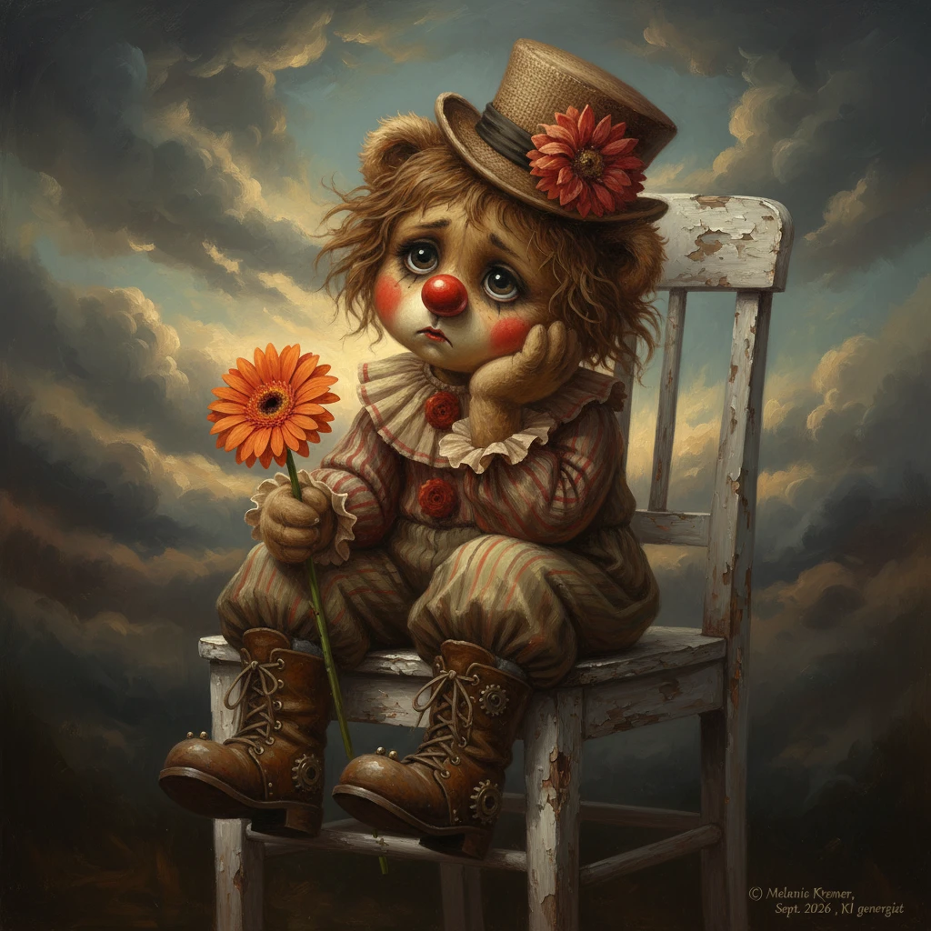 Osito de peluche payaso melancólico con flor naranja en una silla