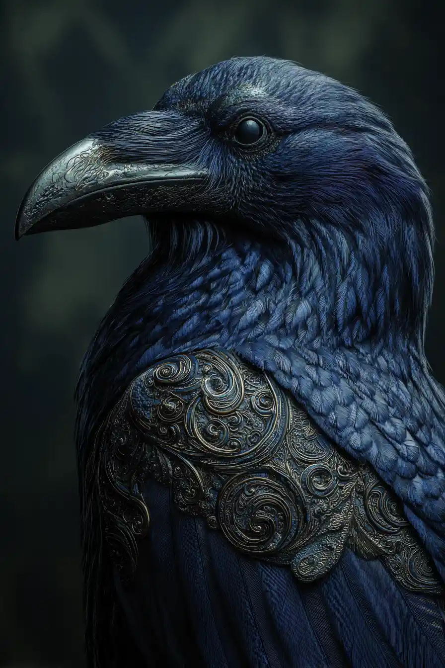 Majestic raven diving through a dark fantasy sky