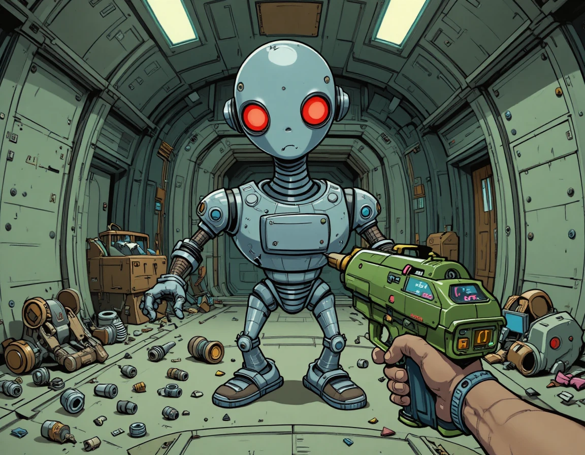 Retro cartoon robot confronted in industrial sci fi interior