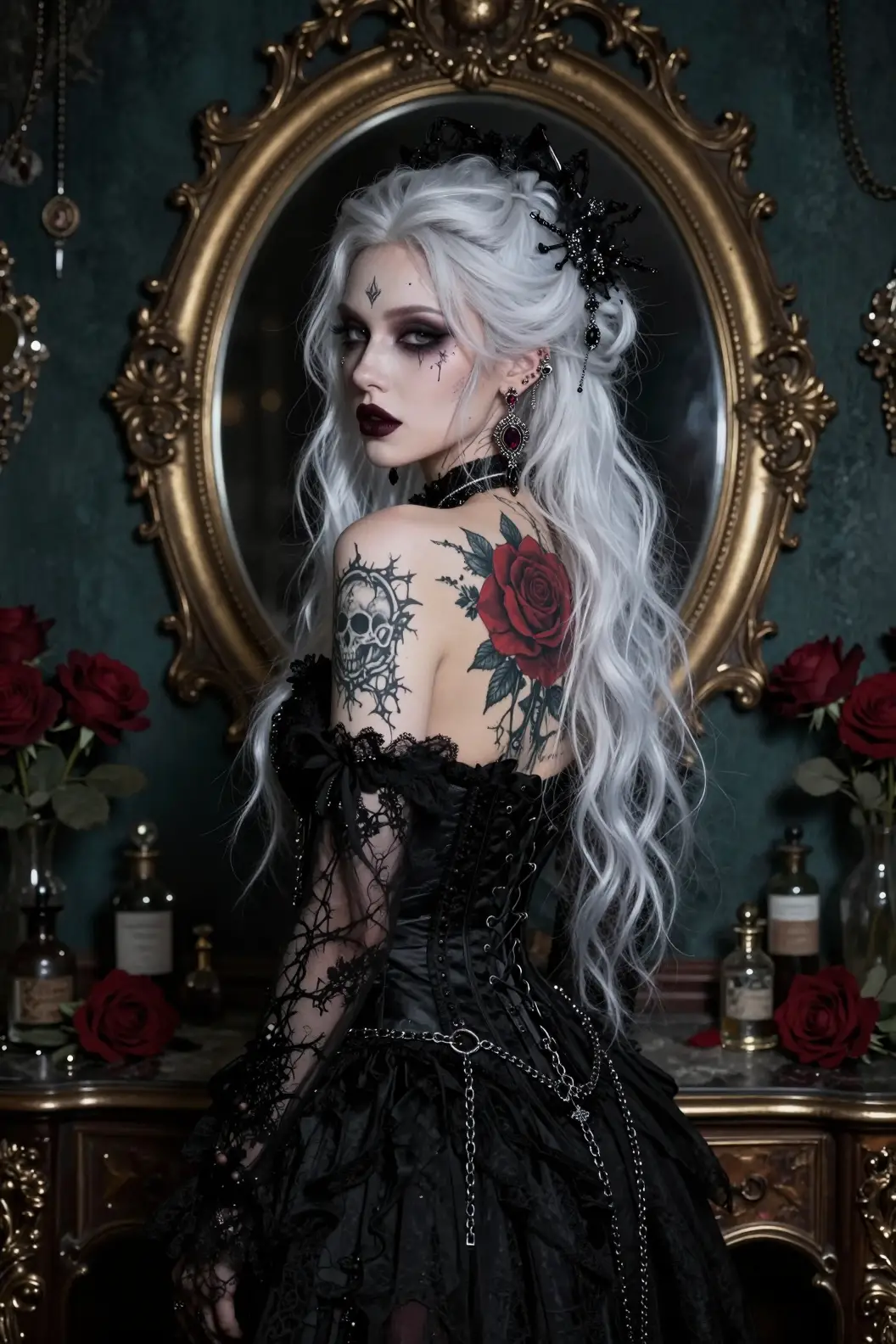 Gothic woman with tattooed back in victorian mirror portrait