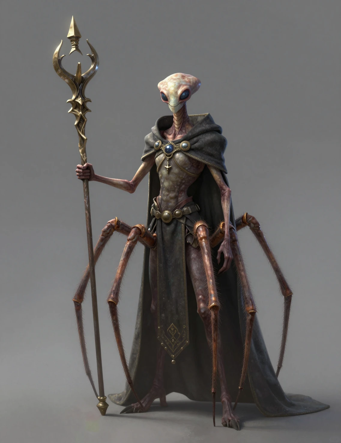 Tall arachnid fantasy creature in cloak with staff