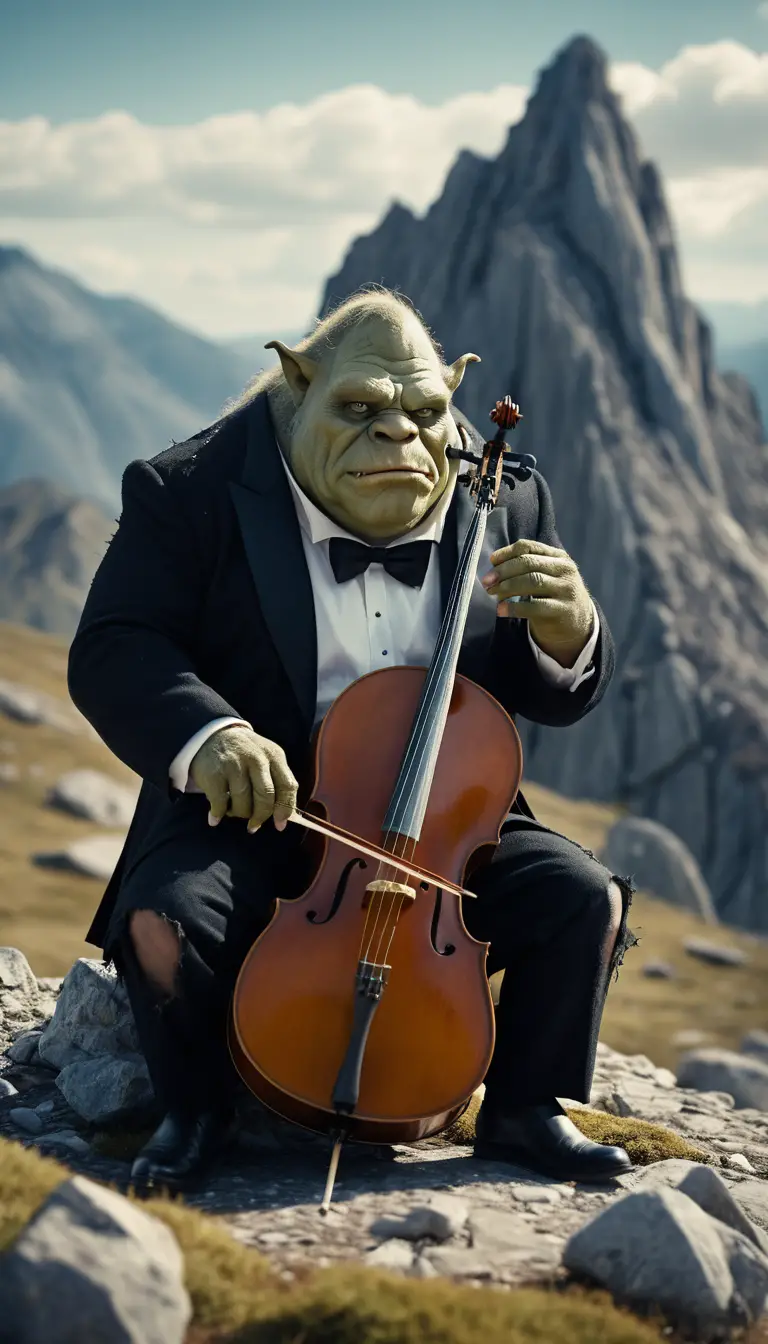 Ogre In Torn Tuxedo Playing Cello On Mountain Plateau