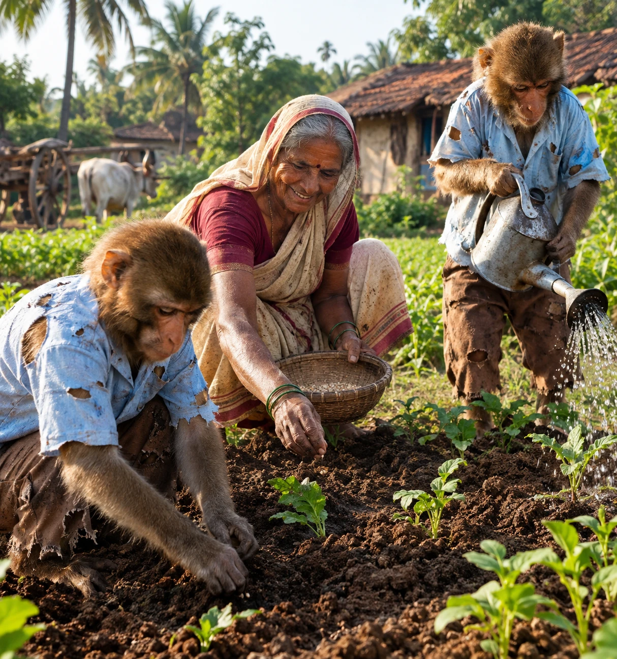 Two Monkeys Farming With Grandmother In Green Village Field