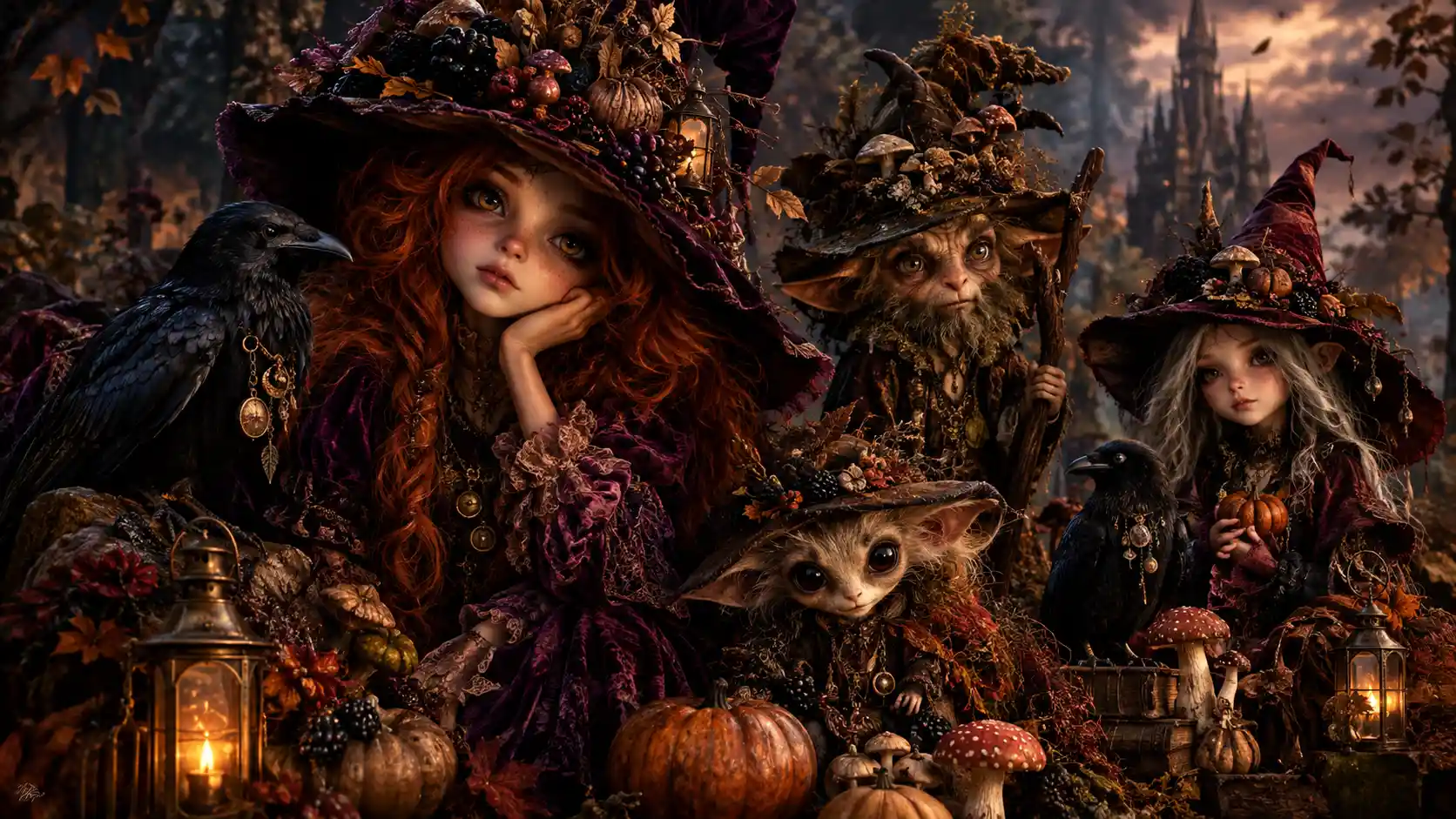 Esprits gothiques de la forêt en somptueuse couture de sorcière d’automne