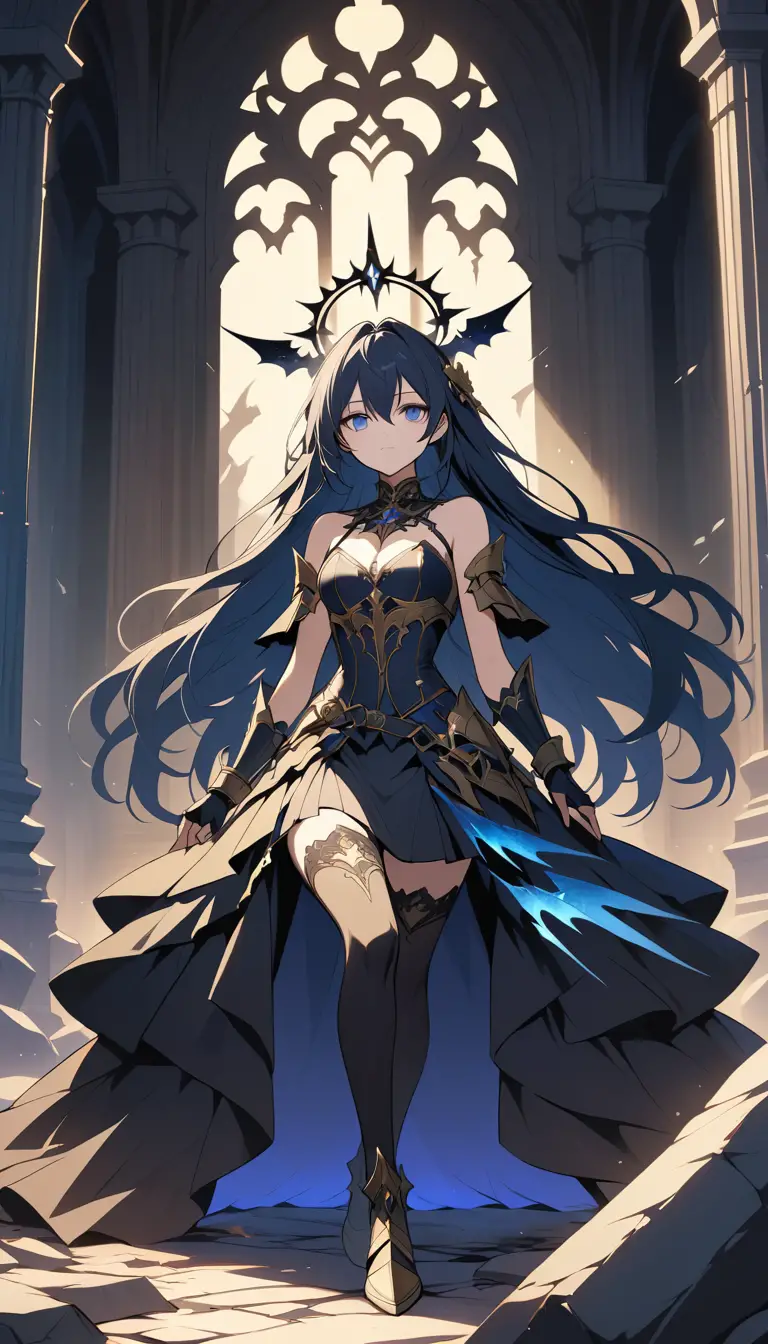 Gothic celestial warrior in ruins of a shadowy cathedral