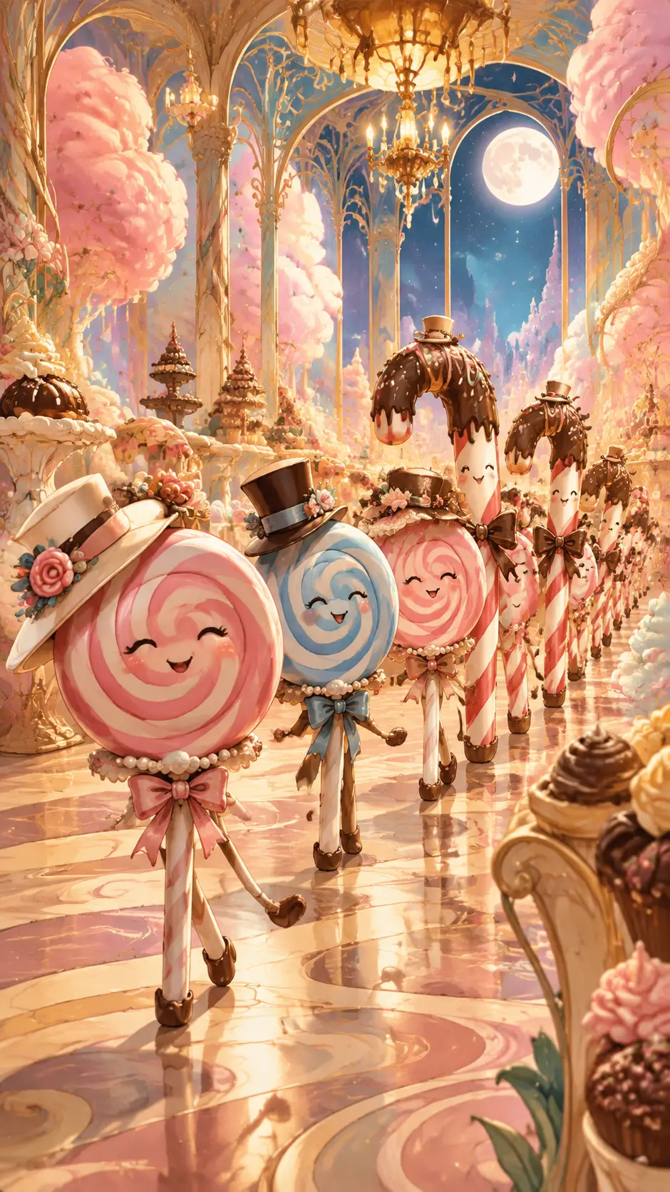Whimsical candy parade in a moonlit fantasy ballroom