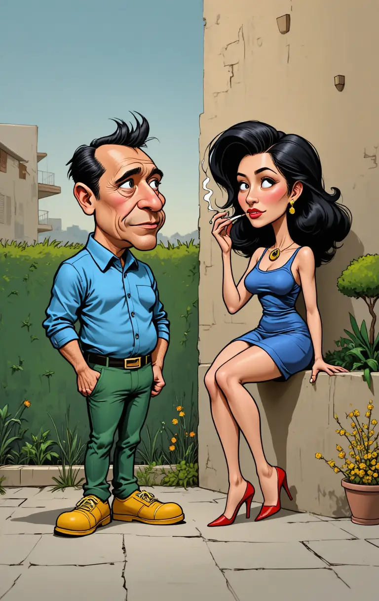 Humorous cartoon couple on a simple outdoor street scene