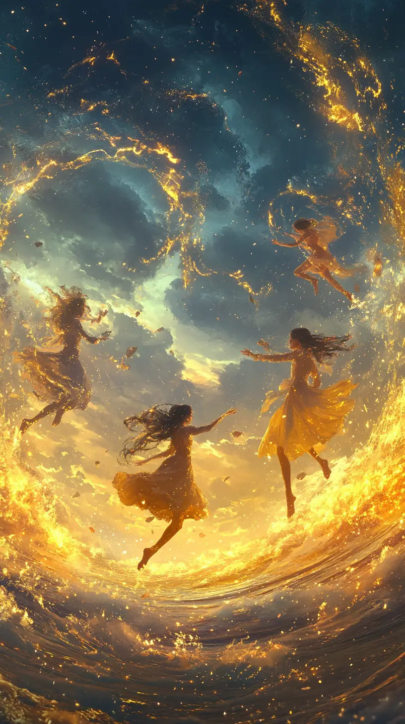 Joyful woman posing against a radiant fantasy sky