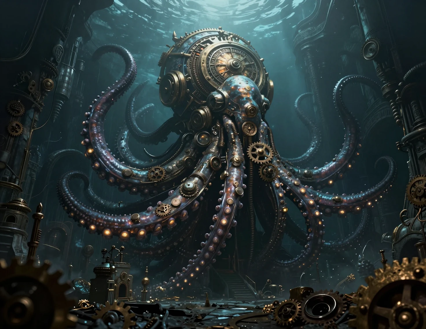 Kraken de relojería ancestral surgiendo de una fosa oceánica oscura