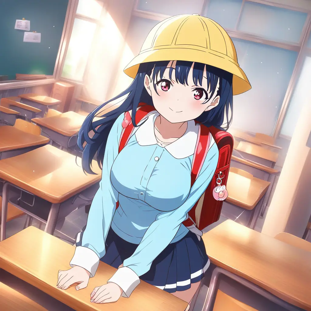 Anime schoolgirl in yellow kindergarten uniform in classroom