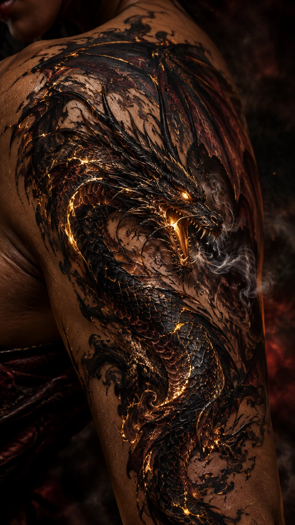 Close up dragon tattoo glowing with molten gold detail