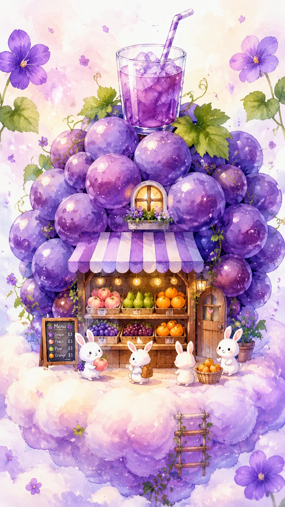 Whimsical grape fruit shop floating on a pastel cloud
