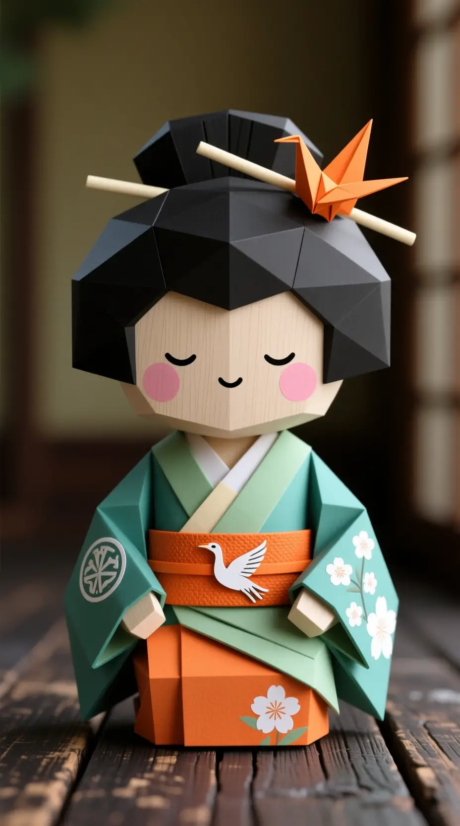 Stylized Japanese paper doll on dark wooden surface