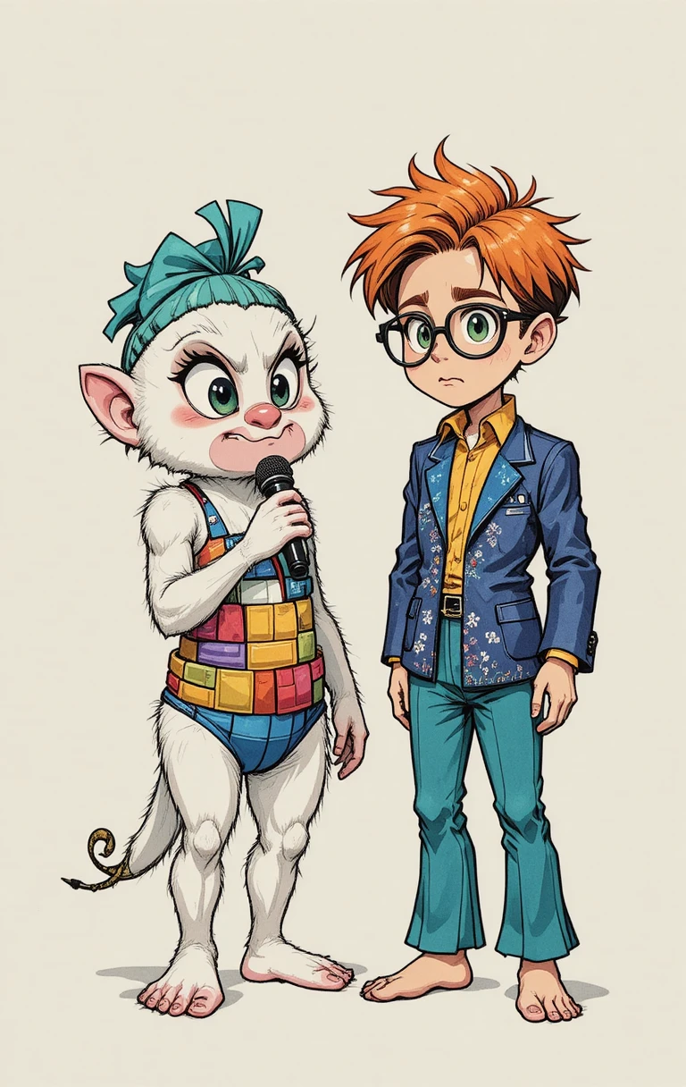 Cartoon boy arguing with fluffy creature in medium shot