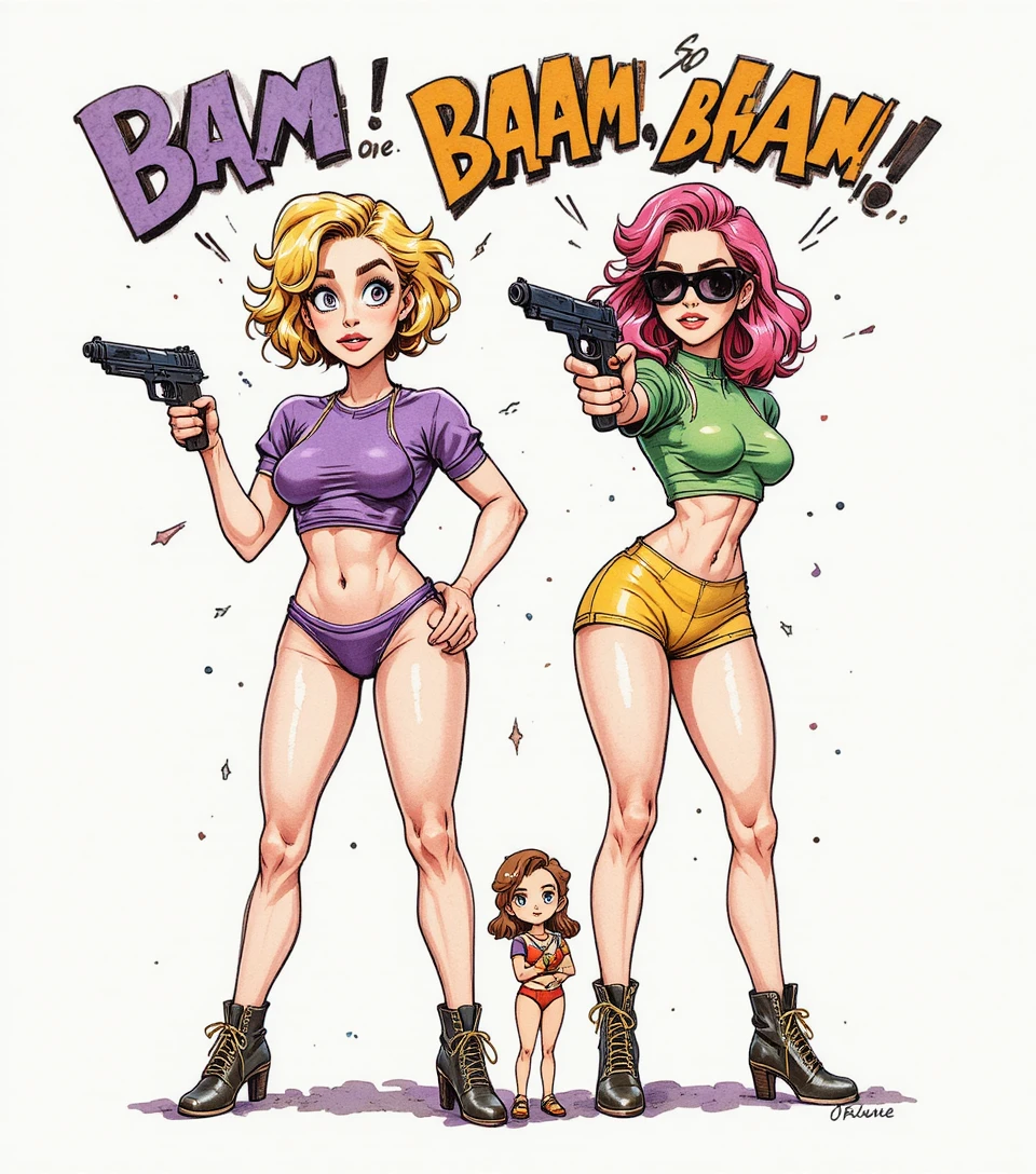Comic girls in chaotic action with gun and plush toy