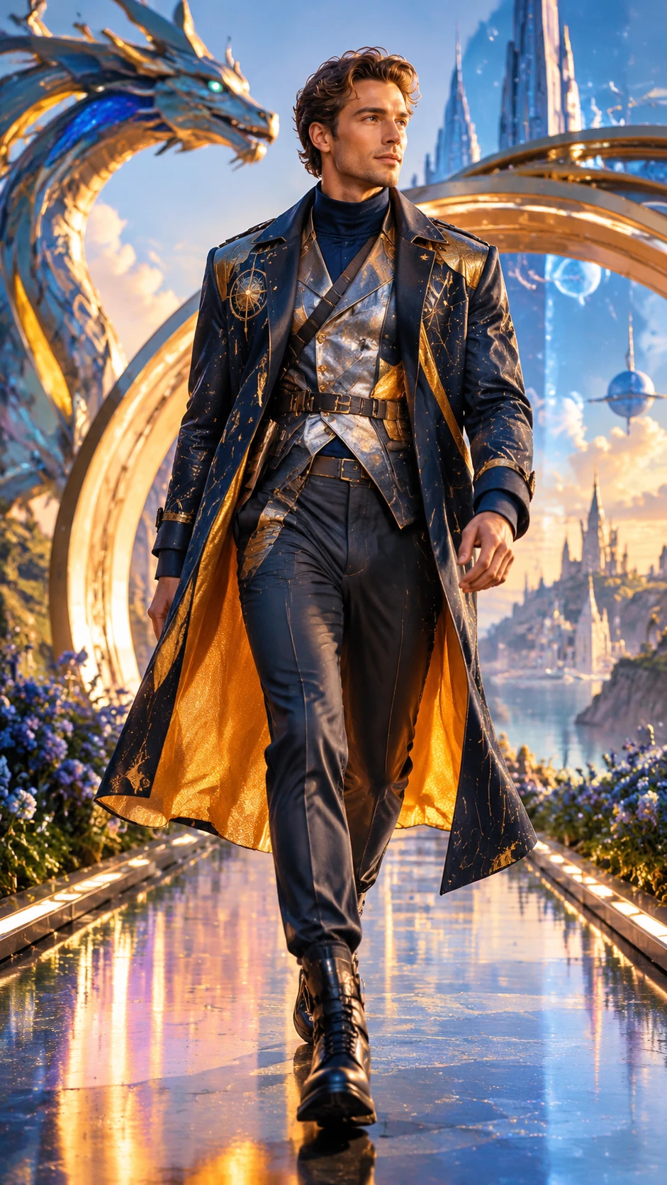Handsome Man Striding Down A Vibrant Enchanted Runway