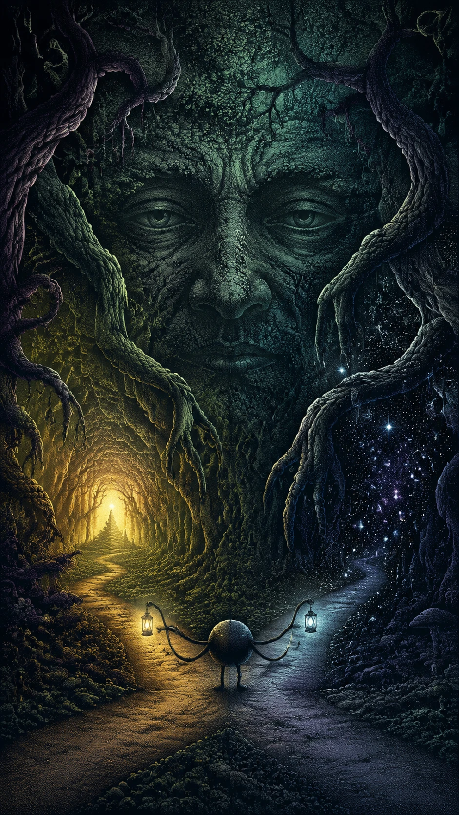 Tiny lantern bearer in a sideways enchanted forest crossroads