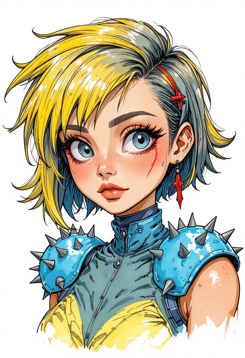 Punk inspired anime girl portrait with spiked blue outfit