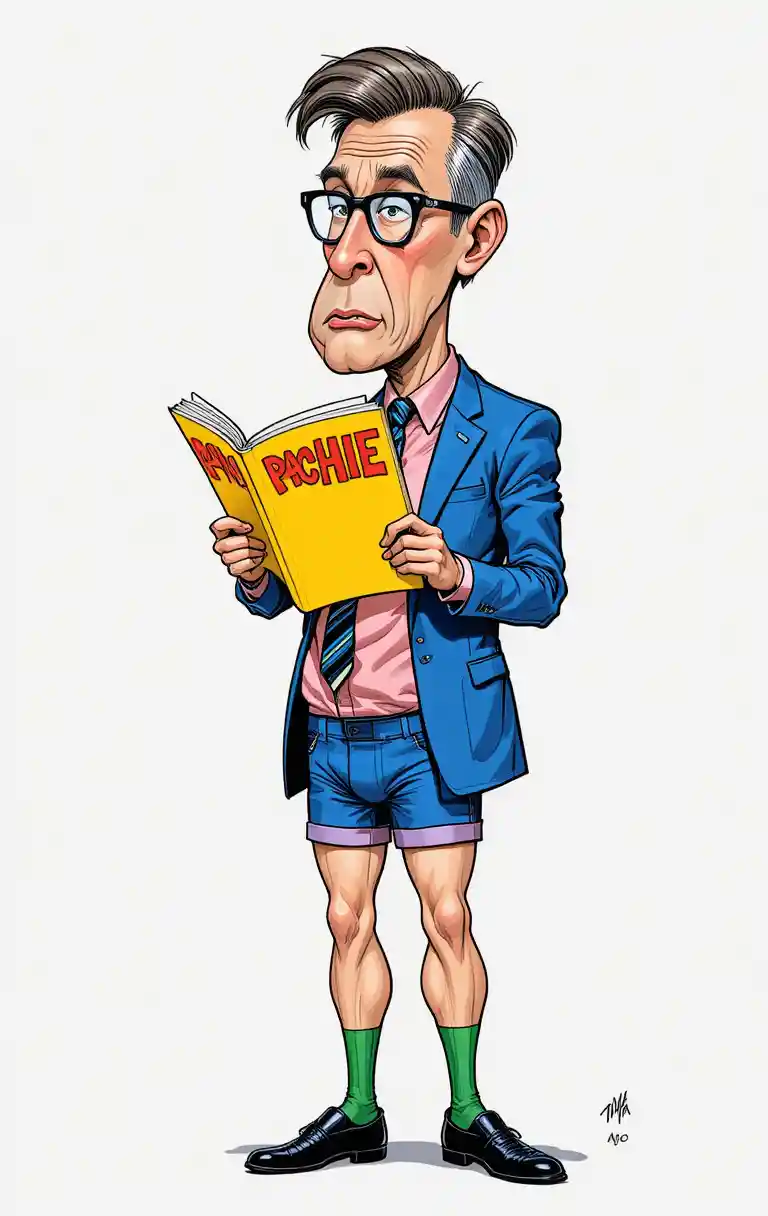 Uomo d’affari comico che legge una rivista con i pantaloni alle caviglie