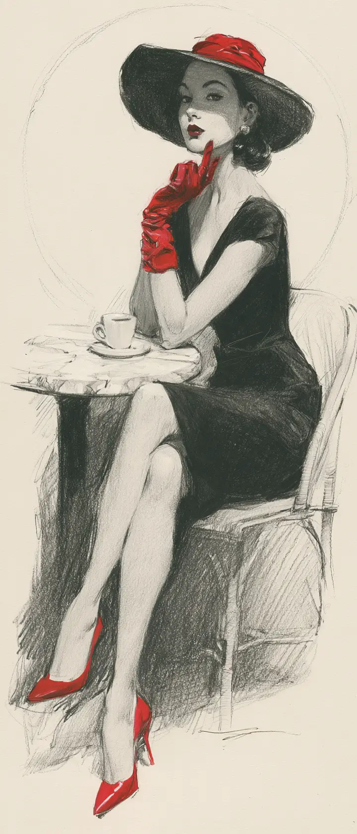 Elegant woman in red accessories at marble cafe table