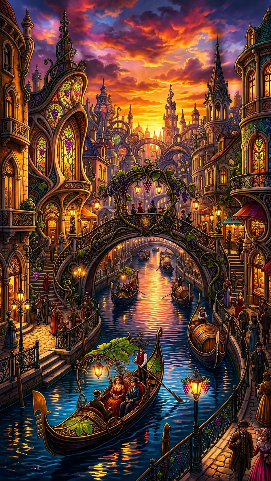 Whimsical canal city with grape inspired gondolas and bridges