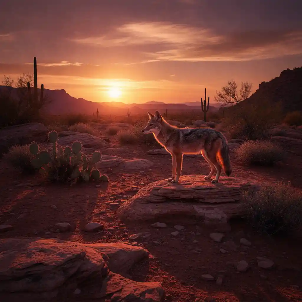 Coyote Standing In Rocky Desert At Warm Sunset Light