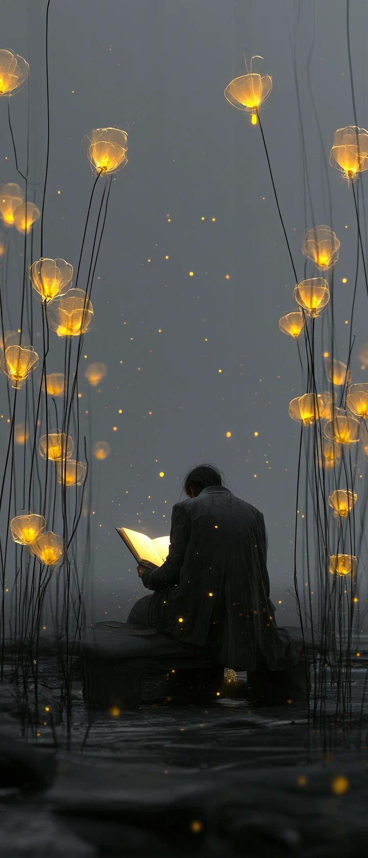 Figure Reading A Glowing Book Amid Surreal Lantern Flowers