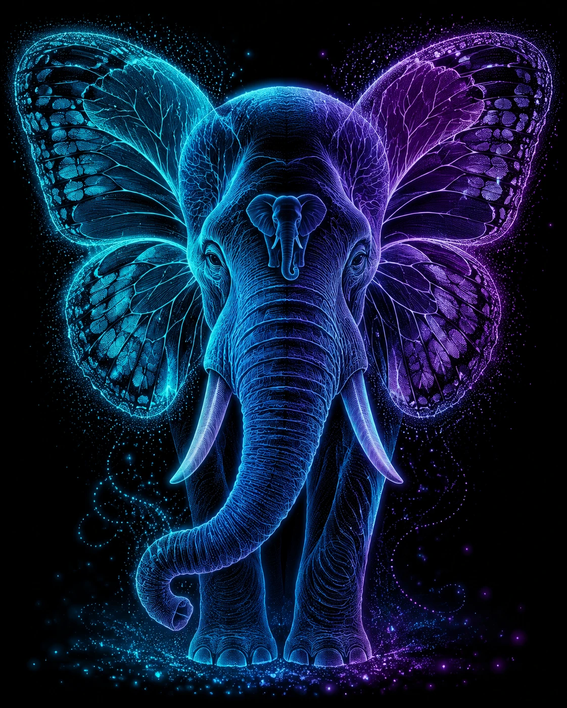 Éléphant Néon Surréaliste se Transformant en Ailes de Papillon