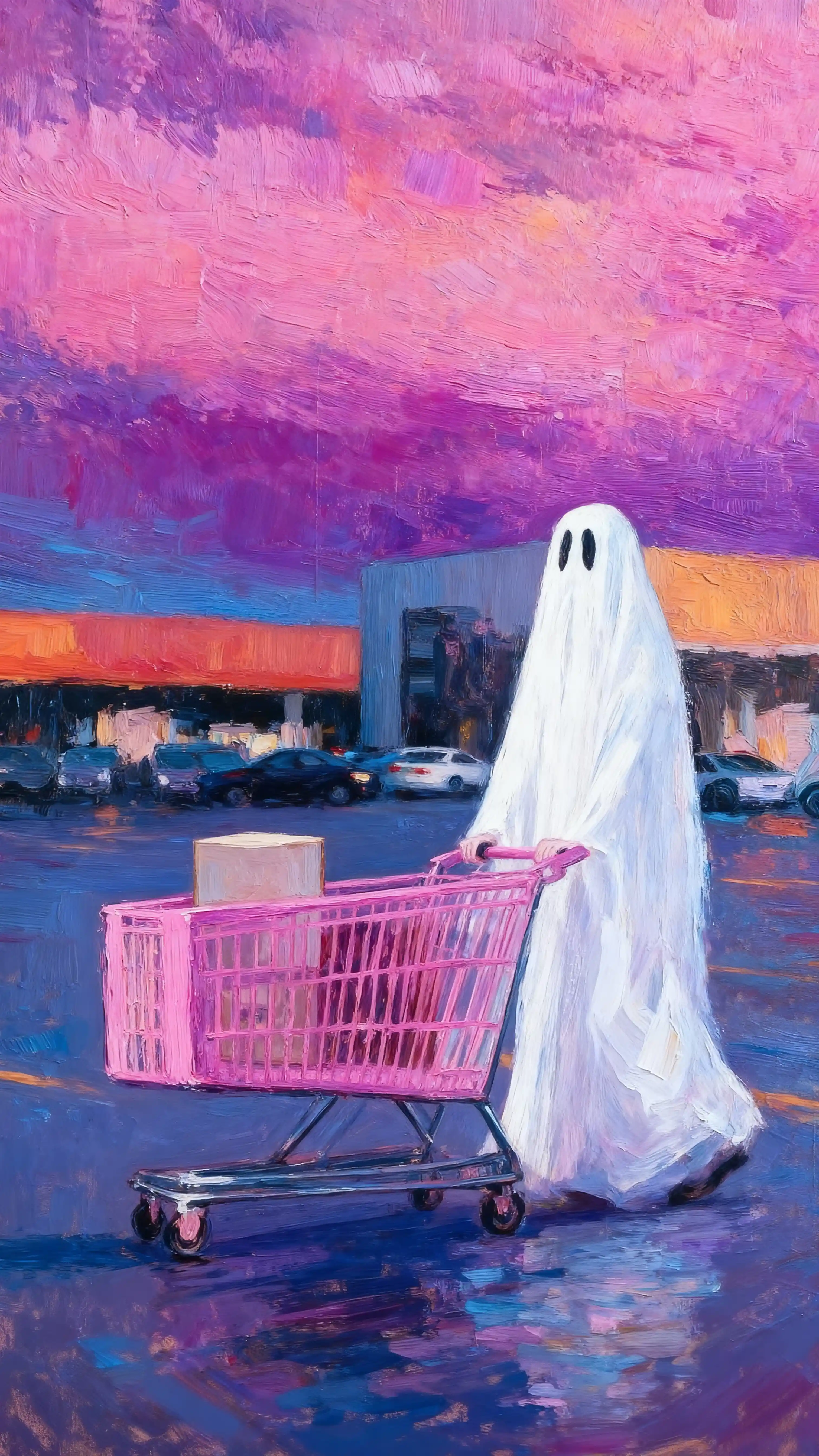 Ghost with pink shopping cart in a twilight parking lot