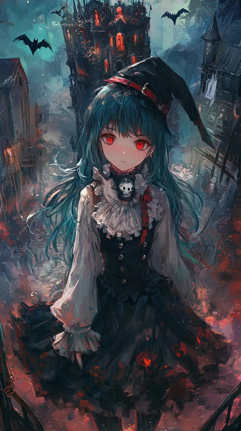 Spooky anime dreamland with haunted tower and ghosts