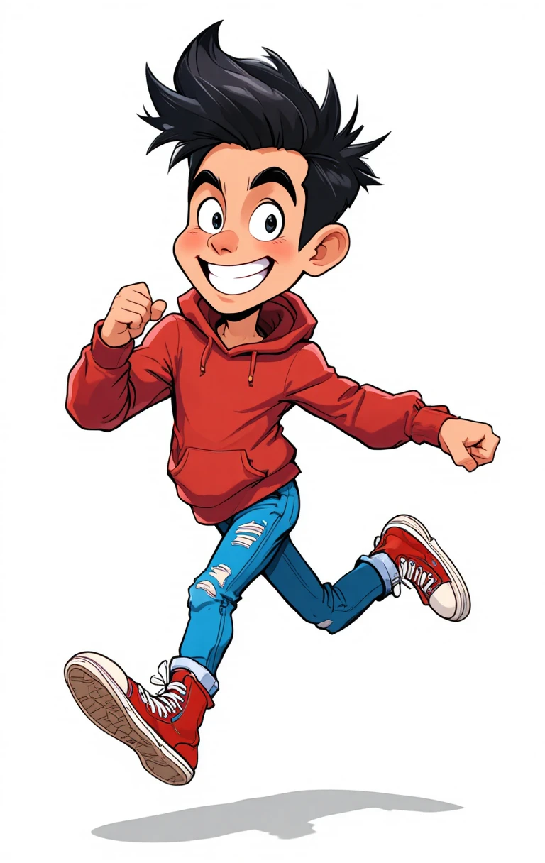 Energetic cartoon boy leaping in red hoodie and sneakers