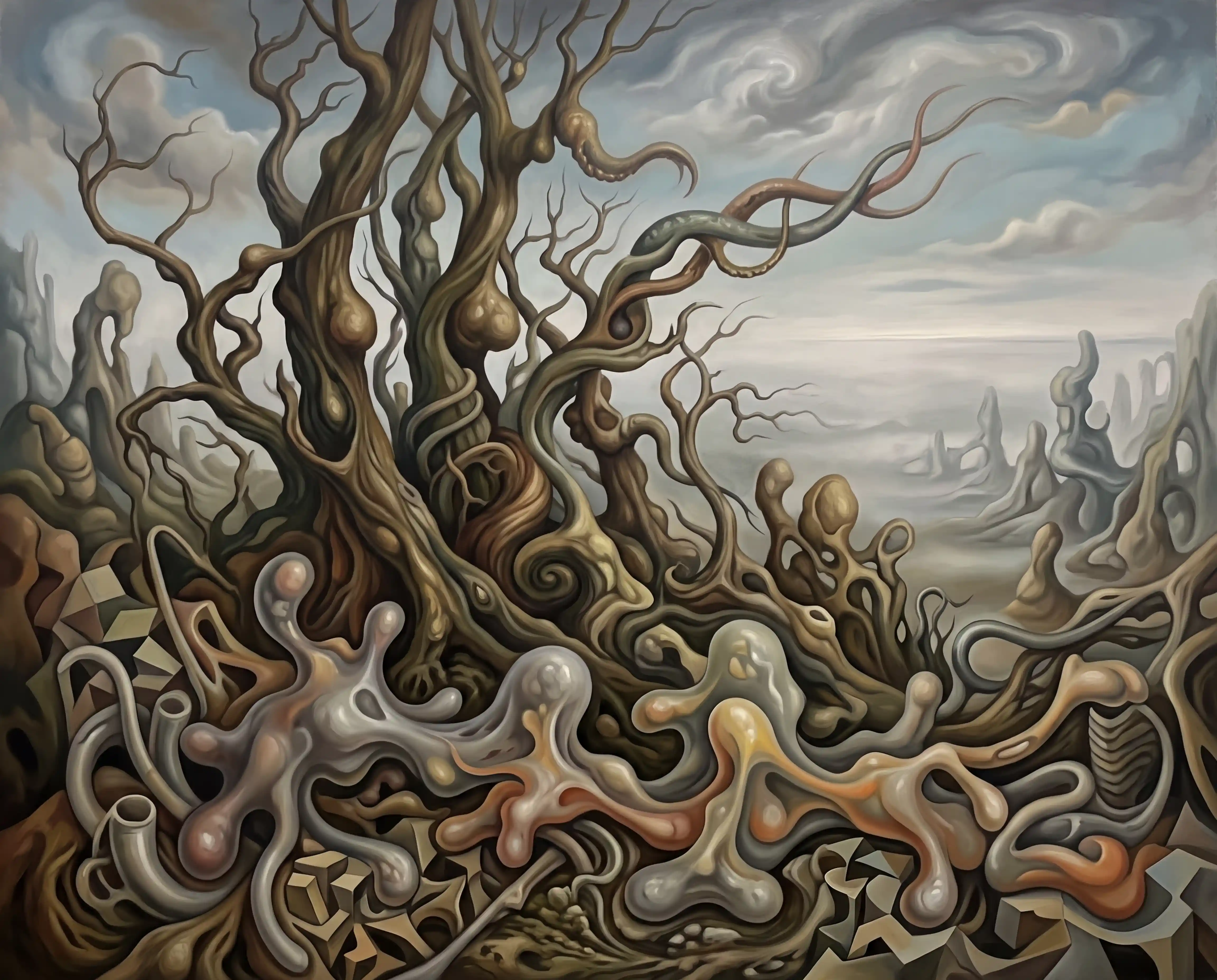 Bosque surreal de árboles retorcidos y criaturas biomórficas