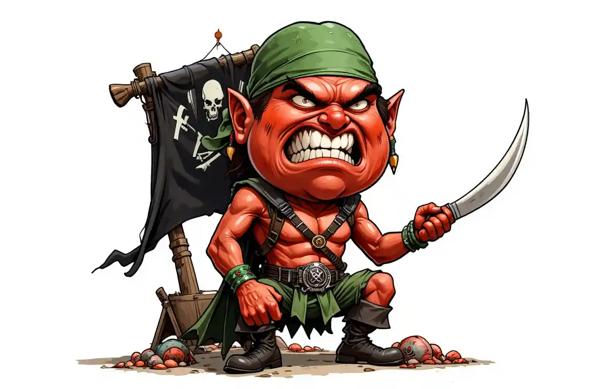 Cartoon pirate tomato character with sword on sandy beach