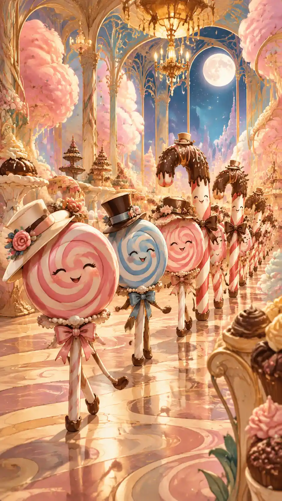 Desfile de dulces fantástico en un salón de baile de ensueño bajo la luz de la luna