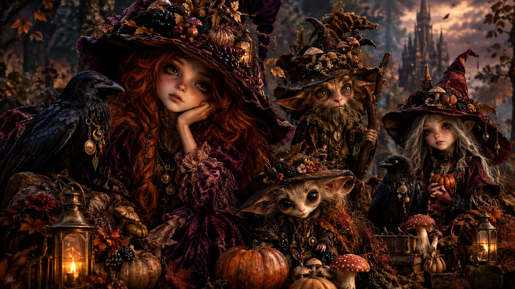 Esprits gothiques de la forêt en somptueuse couture de sorcière d’automne