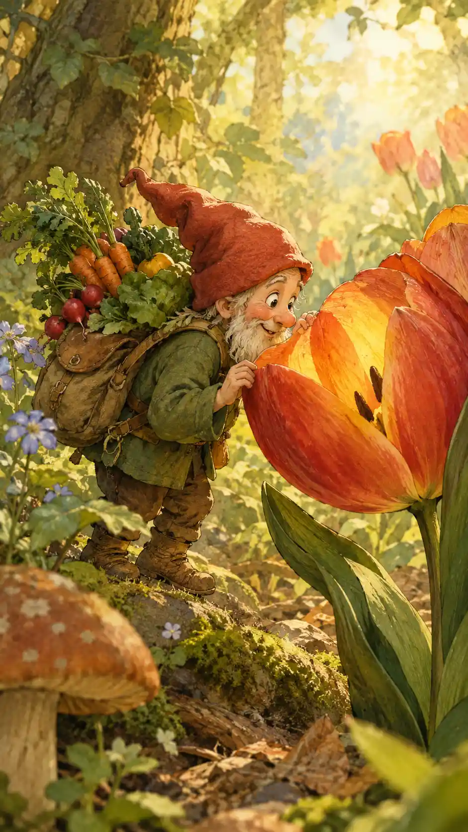 Mischievous dwarf peeking into a giant tulip flower