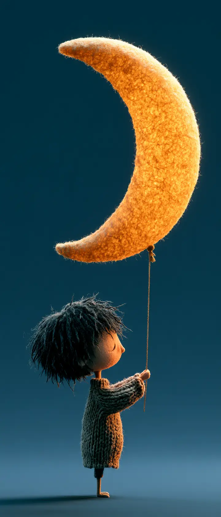 Whimsical 3D girl holding a glowing crescent moon balloon