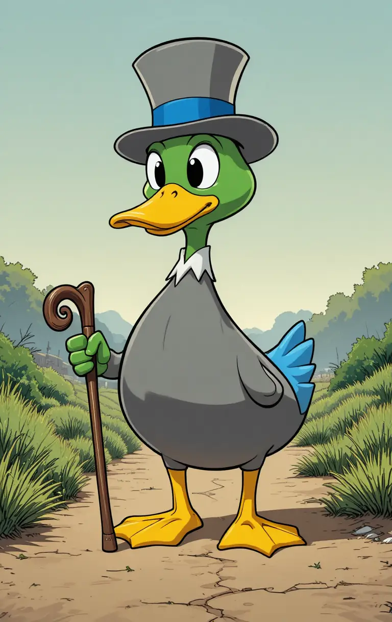 Cheerful cartoon duck with cane on a country path