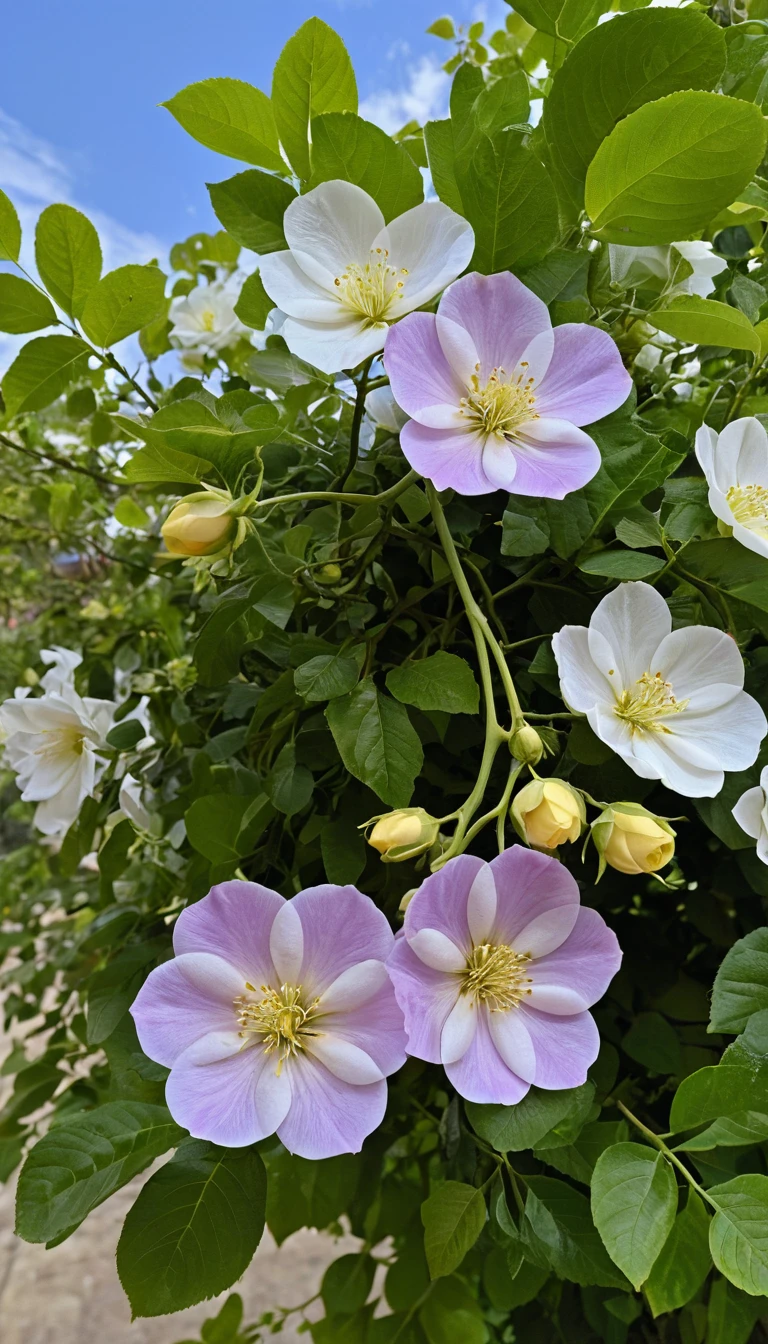 Purple flowering vine sprays against a clear blue sky