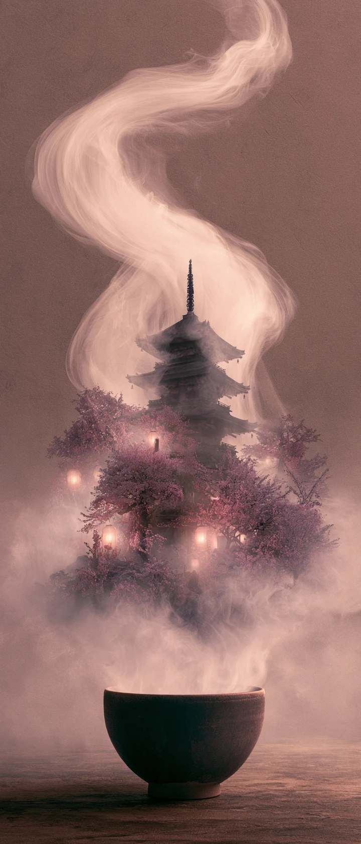 Surreal coffee cup portal revealing pagoda and cherry blossoms