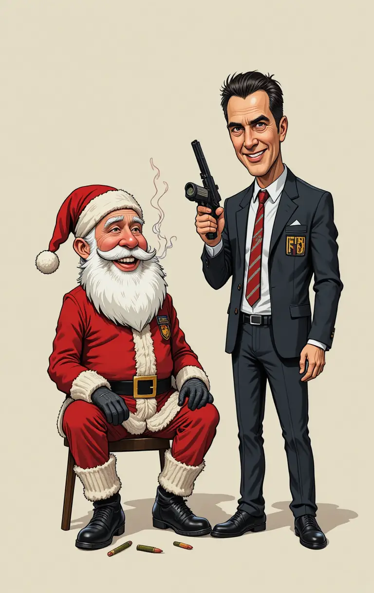 Papá Noel caricaturesco y agente del FBI en un enfrentamiento de humor negro