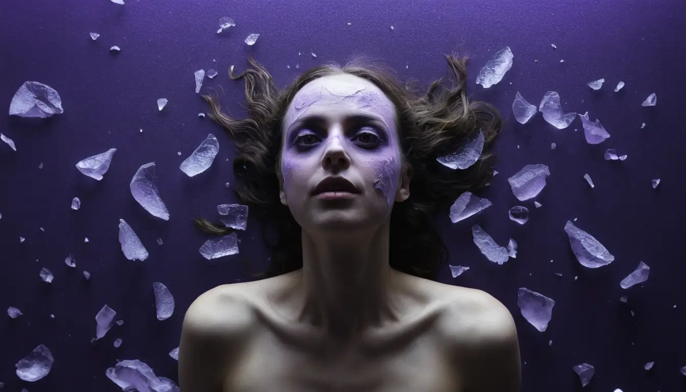 Surreal women balanced on shattered mirror in smoky gloom