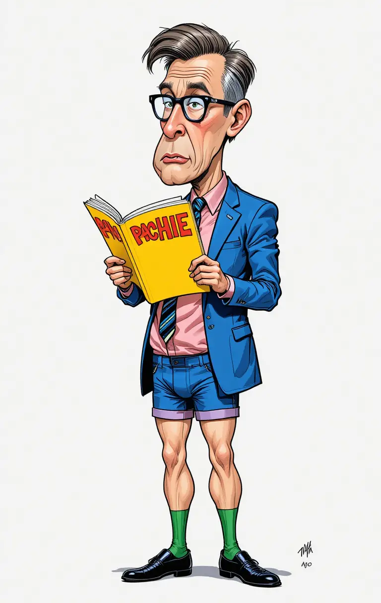 Comic businessman reading magazine with pants at his ankles