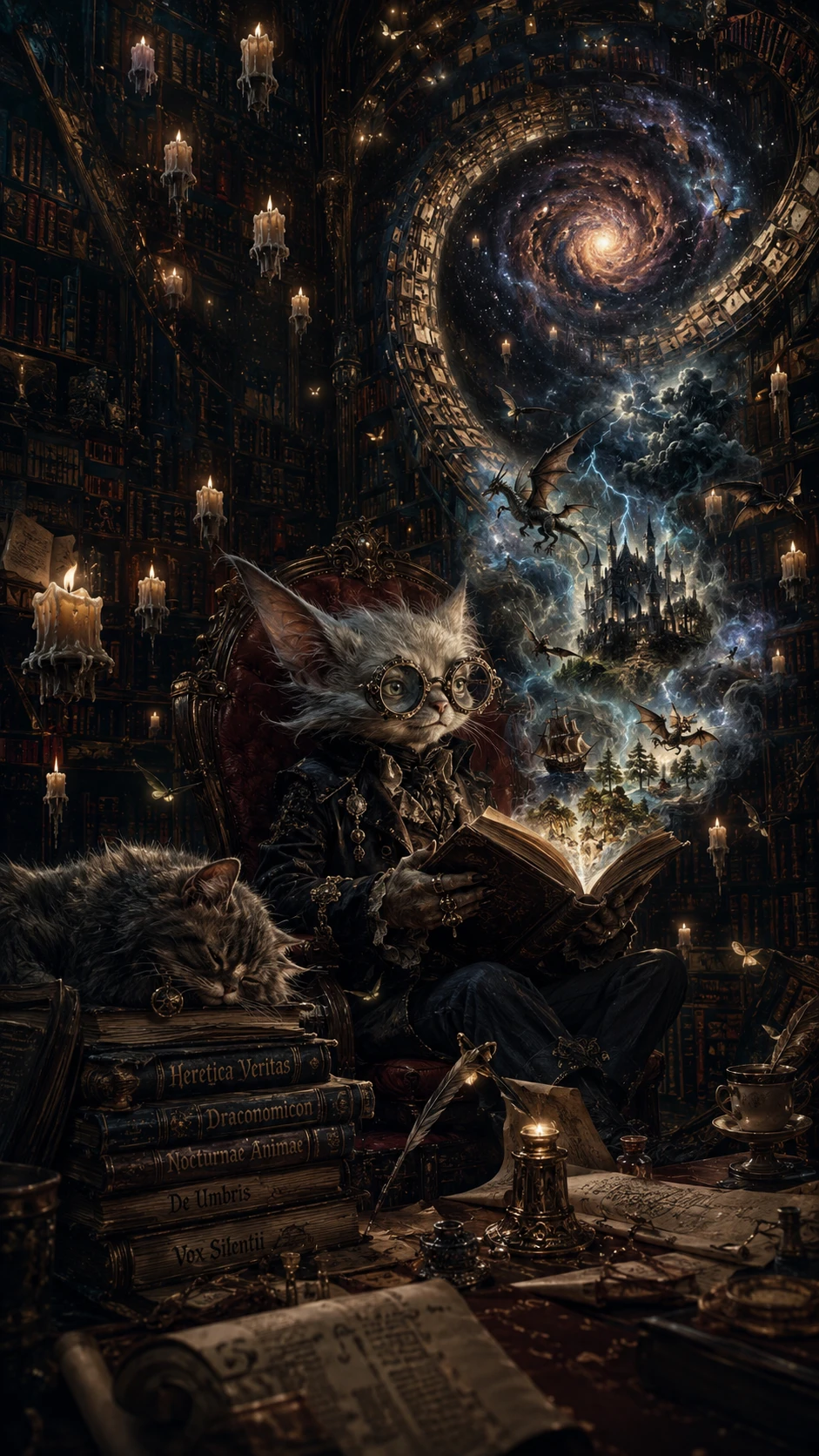 Winziges Wesen liest in einer endlosen gotischen Bibliothek
